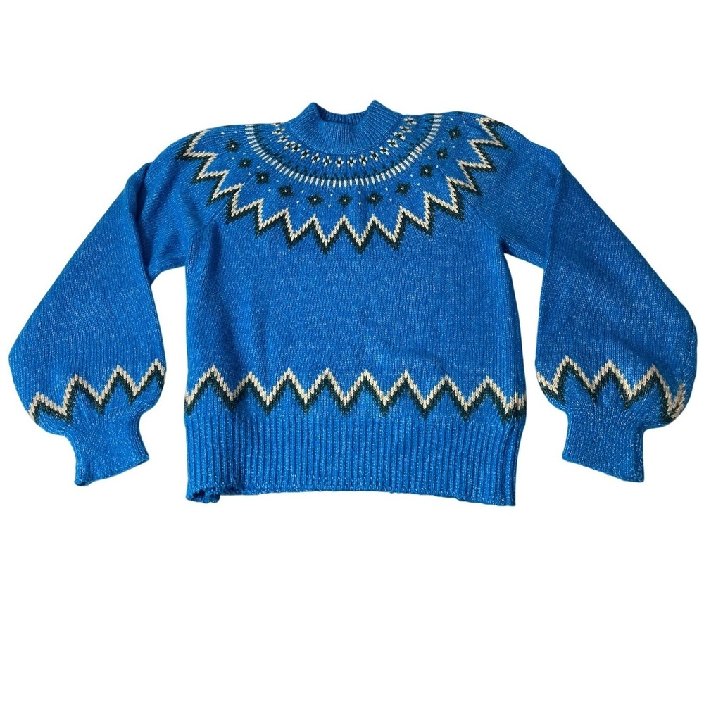 Who What Wear Womens Blue Fair Isle Mock Neck‎ Balloon Sleeve Sweater Small